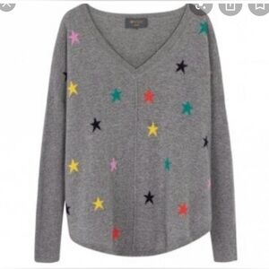 Wyse London 100% cashmere gray multi star high low crop sweater v neck S/M